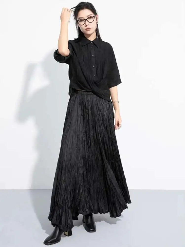 Women Black Pleated Cross Big Size Short Blouse New Lapel Half Sleeve Shirt Fashion Tide Spring Autumn 2025 1DH6145