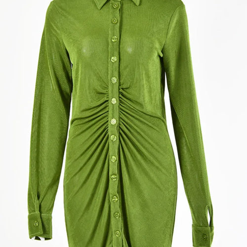 Load image into Gallery viewer, Long Sleeve Ruched Bodycon Shirts Dress For Women Turn-Down Collar Sexy Mini Dress Ladies Buttons Slim Party Vestidos
