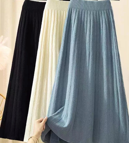 Autumn Winter New Elegant Slim Elastic High Waist A-line Skirt Solid Holiday Striped Big Swing Knitted Skirts Women Popular