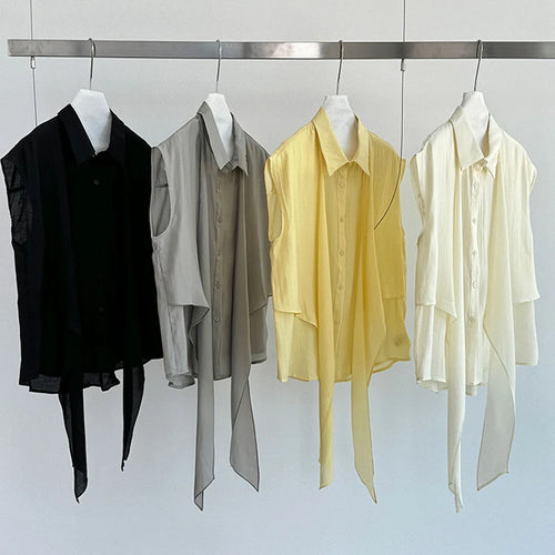 Load image into Gallery viewer, Women Yellow Bandage Thin Big Size Elegant Blouse New Lapel Sleeveless Shirt Fashion Tide Spring Summer 2025 1DJ1300
