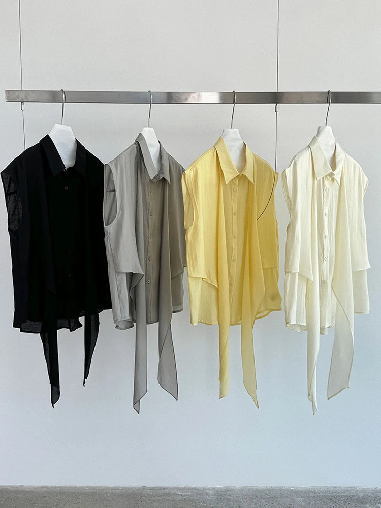 Women Yellow Bandage Thin Big Size Elegant Blouse New Lapel Sleeveless Shirt Fashion Tide Spring Summer 2025 1DJ1300