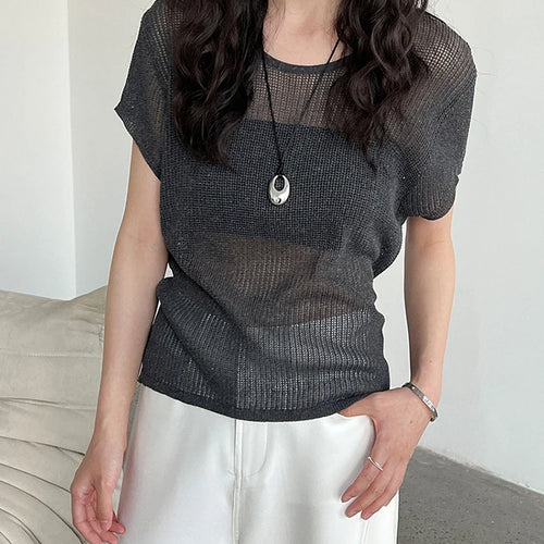 Load image into Gallery viewer, Women Blue Knitting Bandage Thin Casual T-shirt New Round Neck Short Sleeve Fashion Tide Spring Summer 2025 1DJ1305
