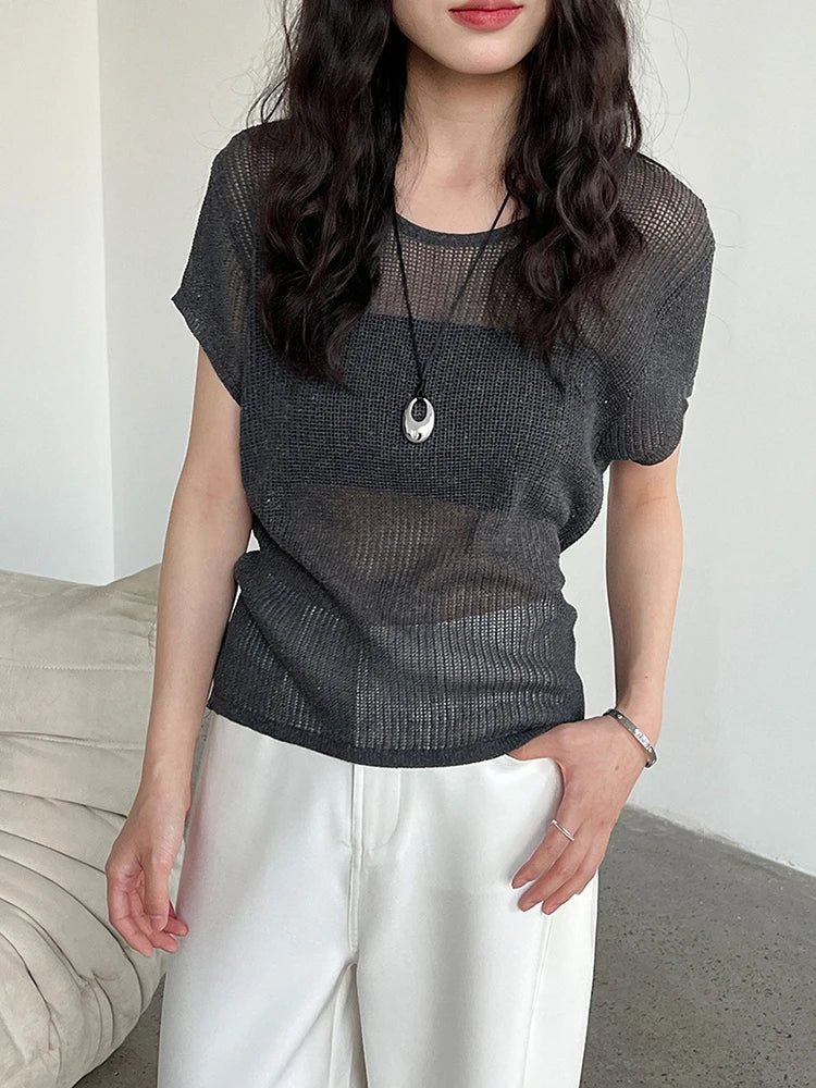 Women Blue Knitting Bandage Thin Casual T-shirt New Round Neck Short Sleeve Fashion Tide Spring Summer 2025 1DJ1305