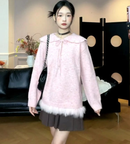 Y2k Aesthetic Women Sweet Fur Patchwork Sweaters Grunge Sailor Collar Bandage Jumpers Loose Knitted Harajuku Pullovers Female