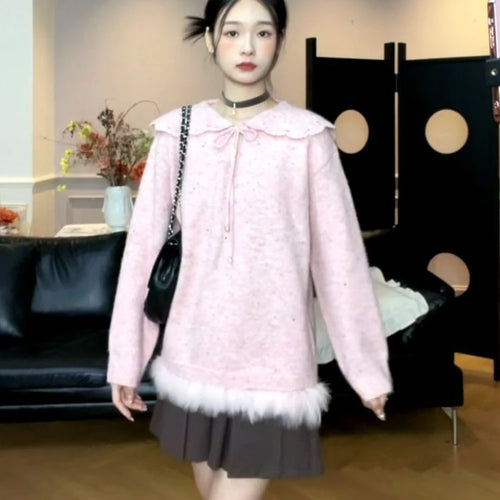 Load image into Gallery viewer, Y2k Aesthetic Women Sweet Fur Patchwork Sweaters Grunge Sailor Collar Bandage Jumpers Loose Knitted Harajuku Pullovers Female
