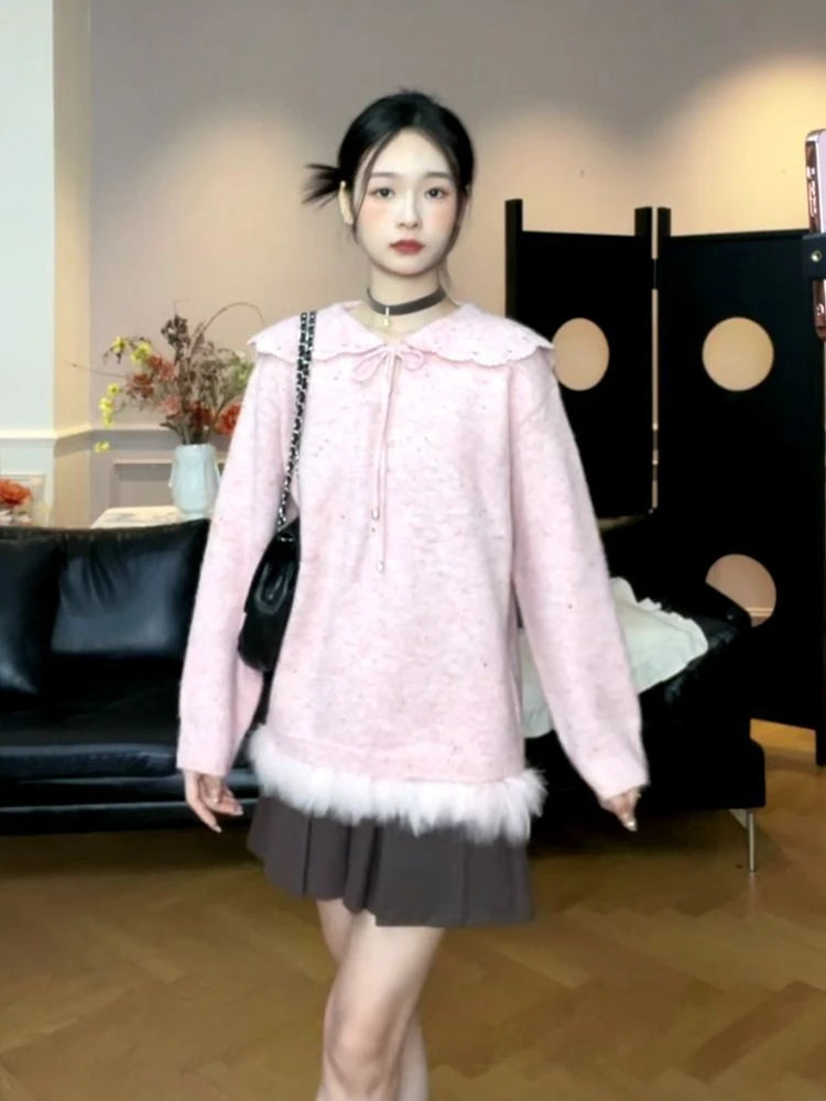 Y2k Aesthetic Women Sweet Fur Patchwork Sweaters Grunge Sailor Collar Bandage Jumpers Loose Knitted Harajuku Pullovers Female