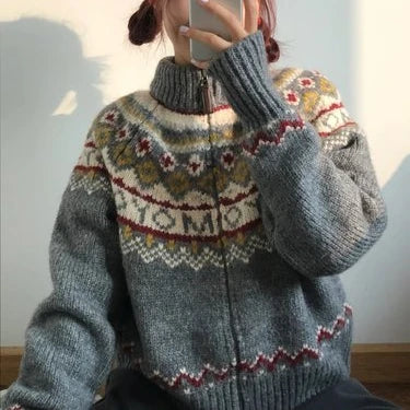 Load image into Gallery viewer, Jacquard Sweet Christmas Vintage Cardigans Women Harajuku Zipper Grunge Sweaters Loose Streetwear Knitted Coats Y2k Aesthetic
