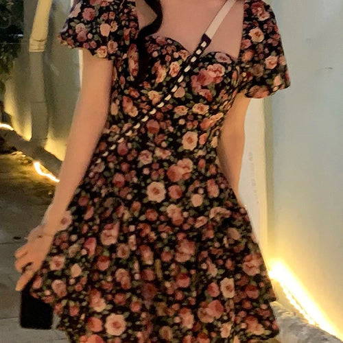 Load image into Gallery viewer, Rose Printed Puff Sleeve Sexy Women&#39;s Dresses Square Neck Fashion Elegant Female Dress Party Club Chic Evening Dresses
