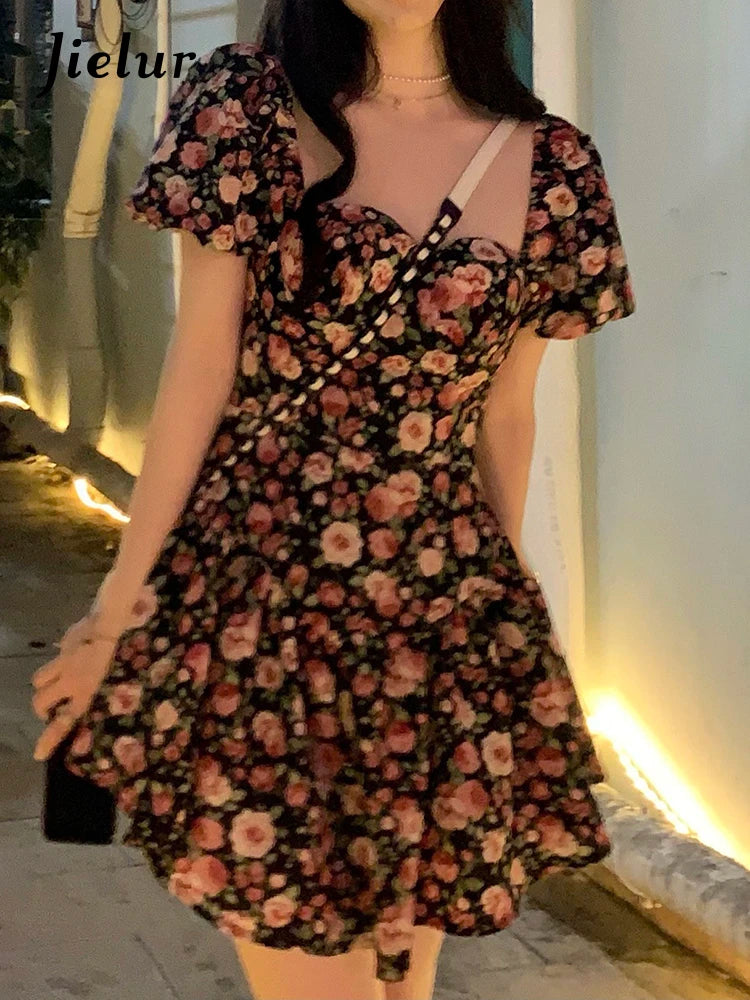 Rose Printed Puff Sleeve Sexy Women's Dresses Square Neck Fashion Elegant Female Dress Party Club Chic Evening Dresses