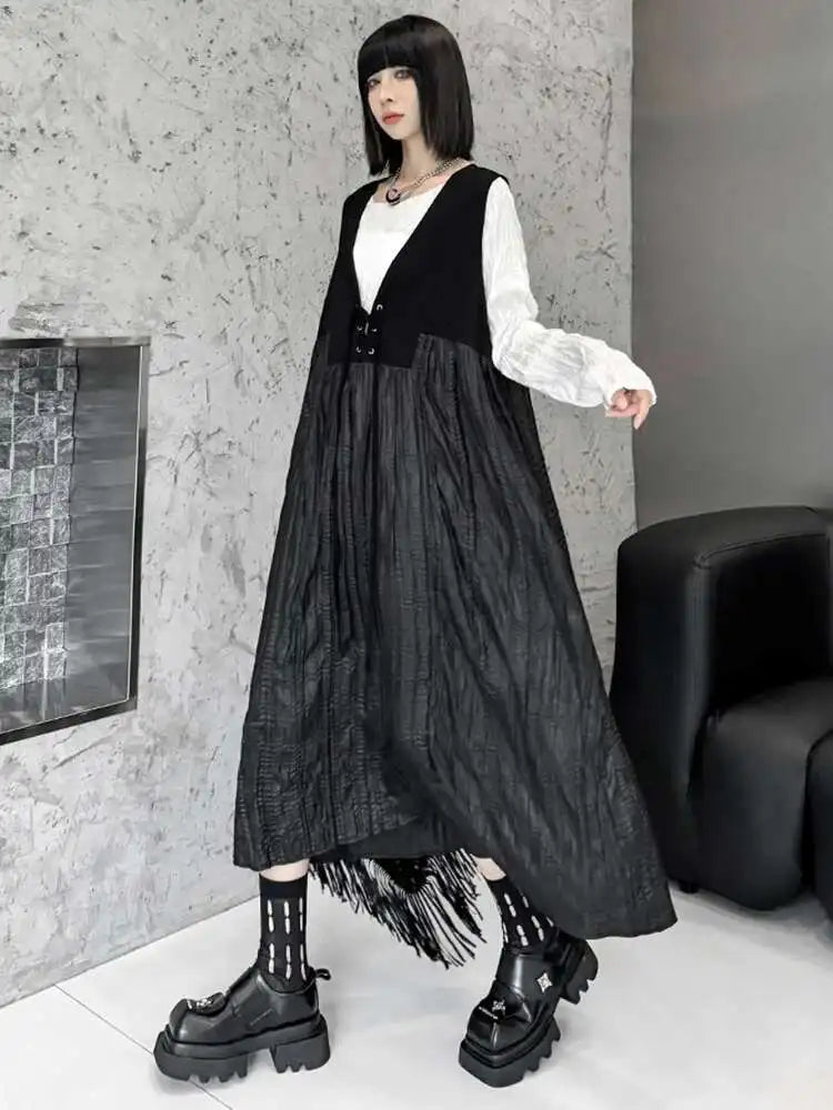 Women Black Bandage Pleated Spliced Big Size Midi Dress New V-Neck Sleeveless Fashion Tide Spring Autumn 2025 1DJ077701