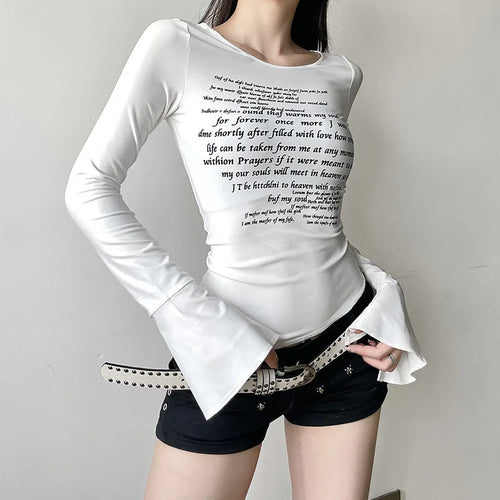 Load image into Gallery viewer, Y2k Aesthetic White Letter Printing Tshirts Women Streetwear Flare Sleeve Split Slim Fit Vintage Grunge Irregular Fairy T Shirt
