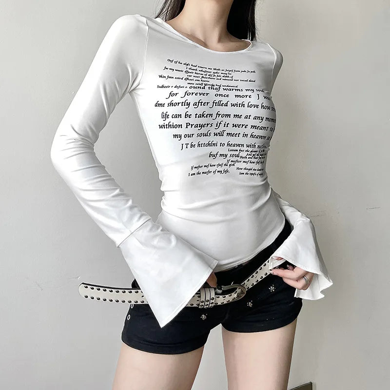 Y2k Aesthetic White Letter Printing Tshirts Women Streetwear Flare Sleeve Split Slim Fit Vintage Grunge Irregular Fairy T Shirt