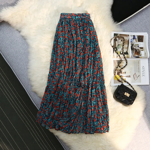 Load image into Gallery viewer, Chiffon Floral Print Skirt Women's Summer Split Pleated Skirt Elastic High Waist A-line Medium Length A Line Plissee Skirts 2022
