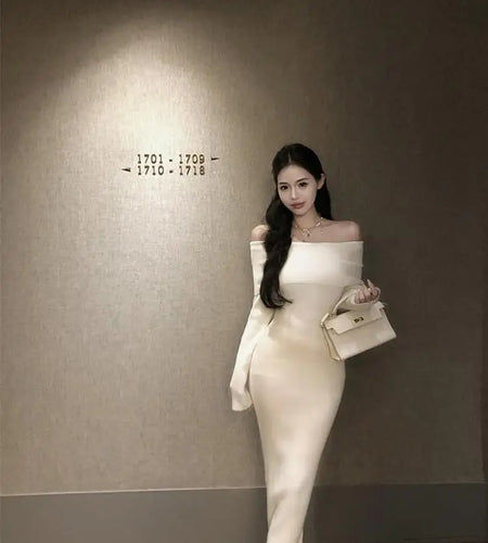 Retro Solid Sexy Club Long Sleeve Off Shoulder Knitted Dress Autumn French Style Chic Slim Long Sleeves Elegant Wrap Hip Dresses