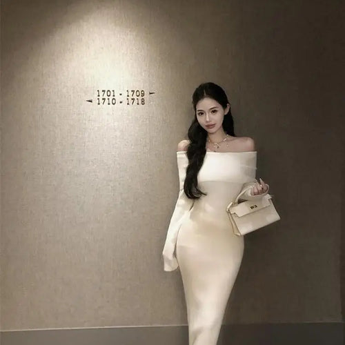 Load image into Gallery viewer, Retro Solid Sexy Club Long Sleeve Off Shoulder Knitted Dress Autumn French Style Chic Slim Long Sleeves Elegant Wrap Hip Dresses
