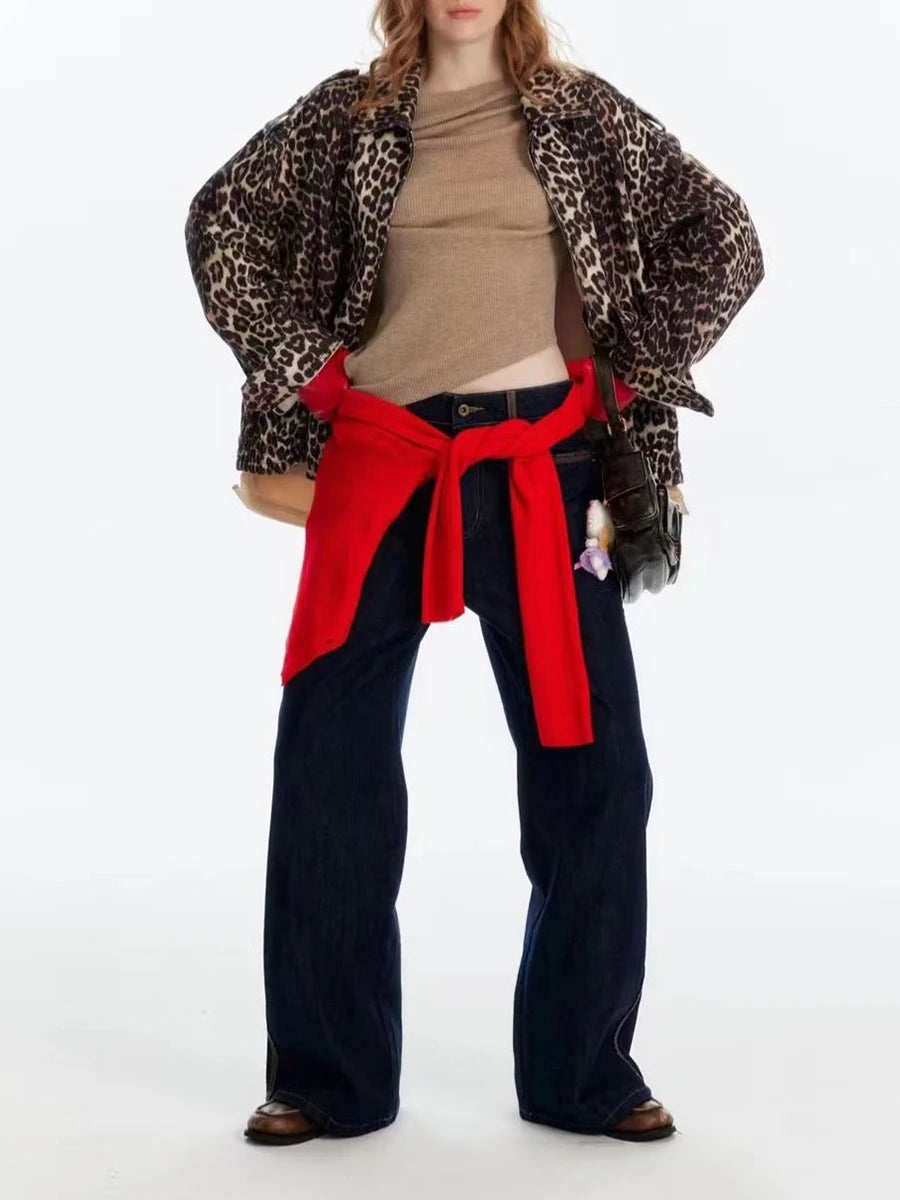 Hit Color Leopard Spliced Zipper Casual Jackets for Women Lapel Long Sleeves Patchwork Pocket Fashion Jacket Female