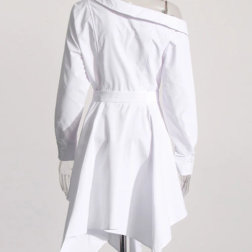 Load image into Gallery viewer, Solid Patchwork Belt Dress For Women Diagonal Collar Long Sleeve High Waist Irregular Hem Minimalist Dresses Female
