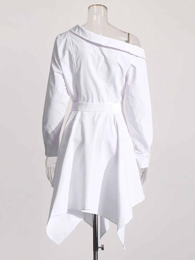 Solid Patchwork Belt Dress For Women Diagonal Collar Long Sleeve High Waist Irregular Hem Minimalist Dresses Female