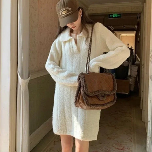 Load image into Gallery viewer, Autumn Winter Warm Knitted Sweater White Mini Dress Women Vintage Elegant Long Sleeve Short Dresses Y2k Female
