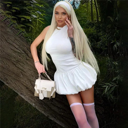 Load image into Gallery viewer, Hollow Out Backless Sleeveless Mini Dress For Women Summer New Fashion Solid O Neck Slim Pleated Dress Elegant 2024
