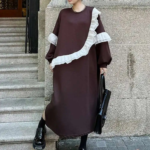 Load image into Gallery viewer, Women Black Ruffles Spliced Big Size Long Casual Dress New Round Neck Long Sleeve Fashion Tide Spring Autumn 2025 1DH7701
