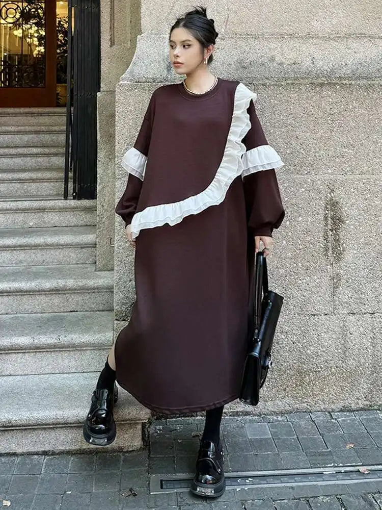 Women Black Ruffles Spliced Big Size Long Casual Dress New Round Neck Long Sleeve Fashion Tide Spring Autumn 2025 1DH7701