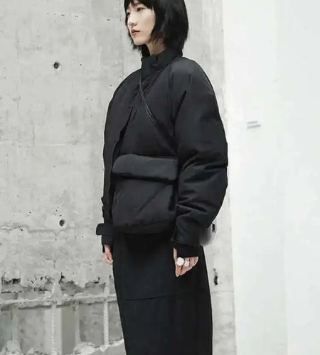 Spring Stand Collar Black Single Pocket Stitch Large Size Warm Cotton-padded Coat Women Jacket Fashion JI51