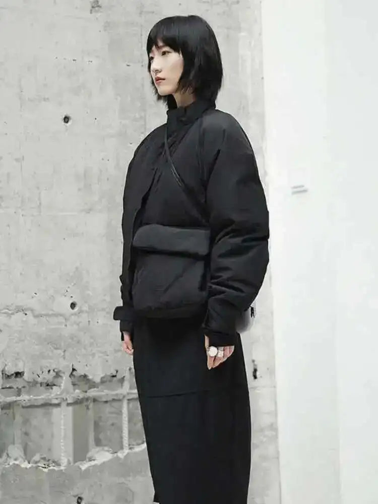 Spring Stand Collar Black Single Pocket Stitch Large Size Warm Cotton-padded Coat Women Jacket Fashion JI51