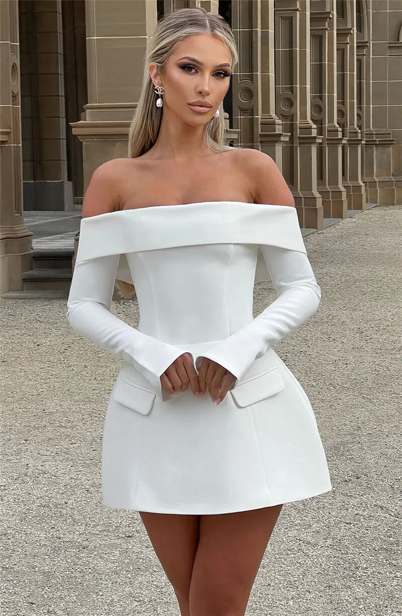 Off-shoulder Long Sleeve Sexy Mini Dress For Women Two Pocket Strapless Backless A-line Club Party Sexy Dress Elegant