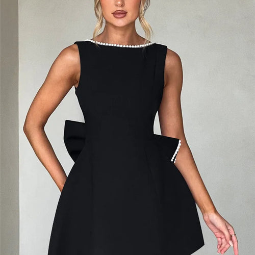 Load image into Gallery viewer, Pearl Bow Backless Sexy Mini Dress For Women Robe Fashion Zipper Sleeveless High Waist A-line Club Party Dress Elegant
