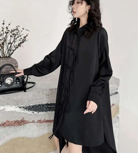 Women Black Irregular Hem Buckle Tassels Elegant Shirt Dress New Lapel Long Sleeve Fashion Tide Spring Autumn 2025 1DH4457