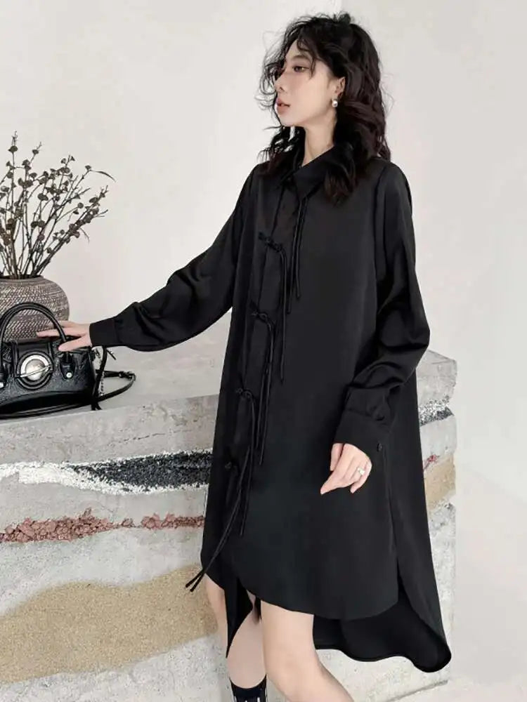Women Black Irregular Hem Buckle Tassels Elegant Shirt Dress New Lapel Long Sleeve Fashion Tide Spring Autumn 2025 1DH4457