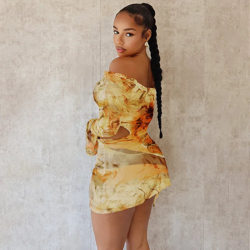 Hollow Out Print Sexy Mini Dress For Women Autumn New Off-shoulder Long Sleeve Bodycon Ruffled Slit Sexy Dress New
