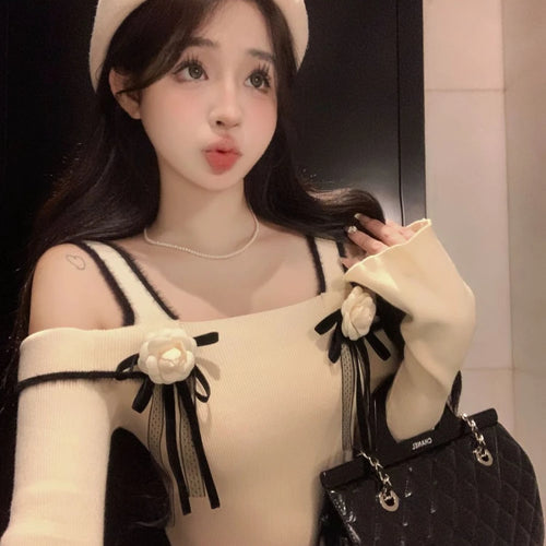 Load image into Gallery viewer, Slash Neck Knitted Y2k Aesthetic Tshirts Streetwear 3D Flower Women Slim Fit Crop Tees Vintage Harajuku Irregular Basic T-shirt
