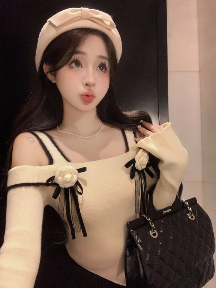 Slash Neck Knitted Y2k Aesthetic Tshirts Streetwear 3D Flower Women Slim Fit Crop Tees Vintage Harajuku Irregular Basic T-shirt