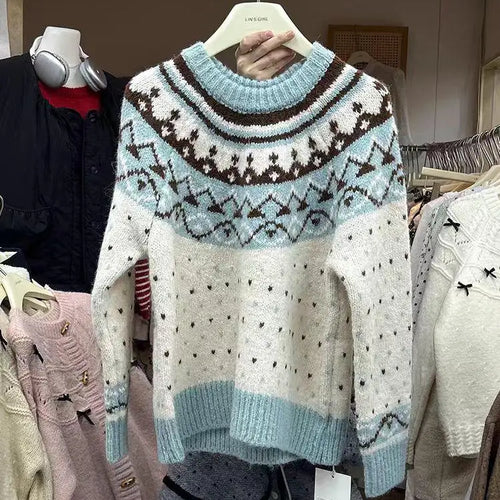 Load image into Gallery viewer, Vintage 2024 Women Pink Patchwork Elegant Knitted Sweater Autumn Winter Blue Long Sleeve Round Neck Pullover Tops Popular Trendy
