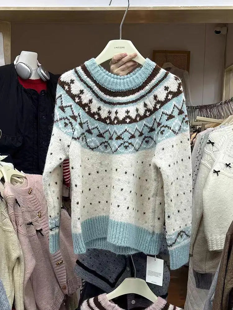 Vintage 2024 Women Pink Patchwork Elegant Knitted Sweater Autumn Winter Blue Long Sleeve Round Neck Pullover Tops Popular Trendy