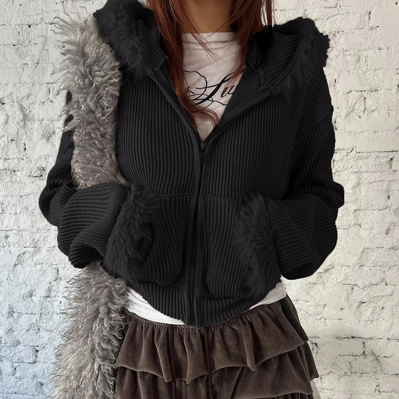 Y2K Faux Fur Trim Collar Corduroy Jackets Korean Fashion Cropped Winter Coat Hooded Outwear Zipper-Up Fluffy Jackets