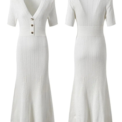 Load image into Gallery viewer, Fashion Women Solid V Neck Single Breasted Hollowed Out Knitted Dress Spring Summer Short Sleeves Festival Fishtail Long Dresses
