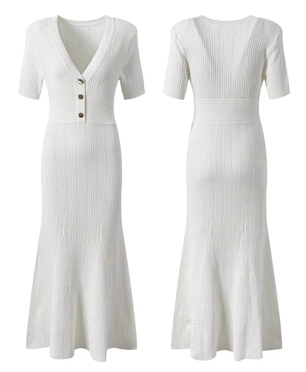 Fashion Women Solid V Neck Single Breasted Hollowed Out Knitted Dress Spring Summer Short Sleeves Festival Fishtail Long Dresses
