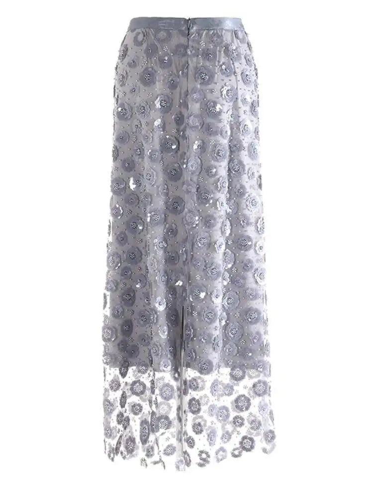 High Elastic Waist Black Nailed Sequins Mesh Elegant  Half-body Skirt Women Fashion Tide New Spring Autumn 2025 1DH9911