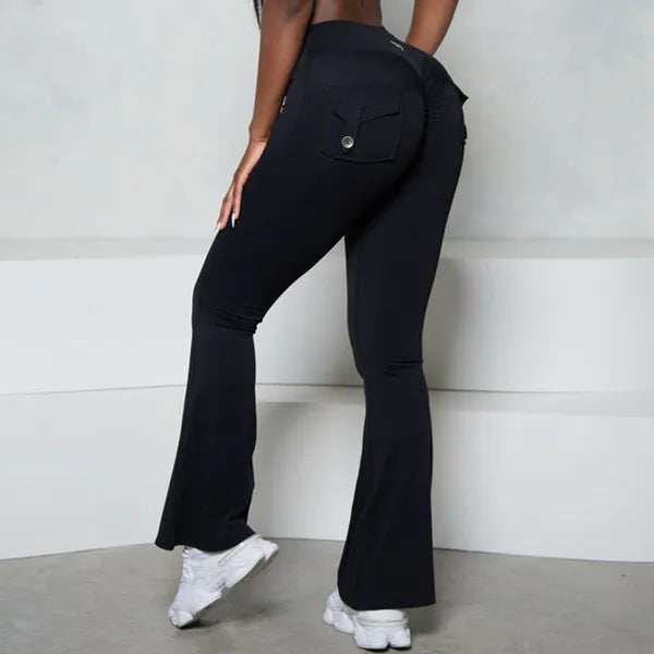 Nude Pocket Button Flare Leggings High Waist Wide Leg Yoga Pant Women Gym Fitness Sport Latin Dance Trousers Active Bottoms