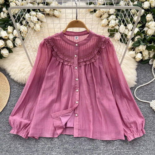 Load image into Gallery viewer, Vintage Sweet Solid Elegant Ruffle Edge Lace Tops Women Autumn New Round Neck Versatile Long Sleeved Single Breasted Shirt Trend
