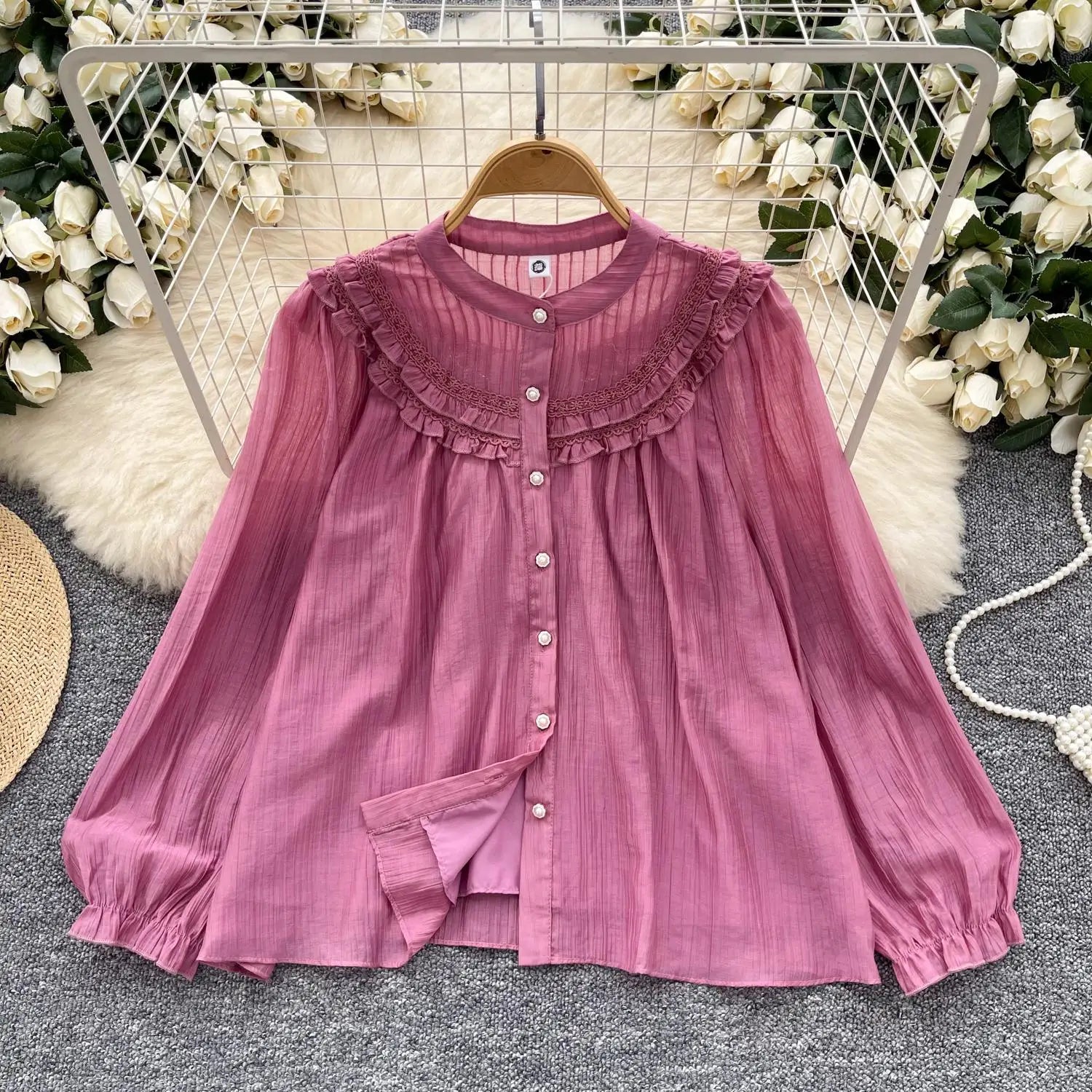 Vintage Sweet Solid Elegant Ruffle Edge Lace Tops Women Autumn New Round Neck Versatile Long Sleeved Single Breasted Shirt Trend