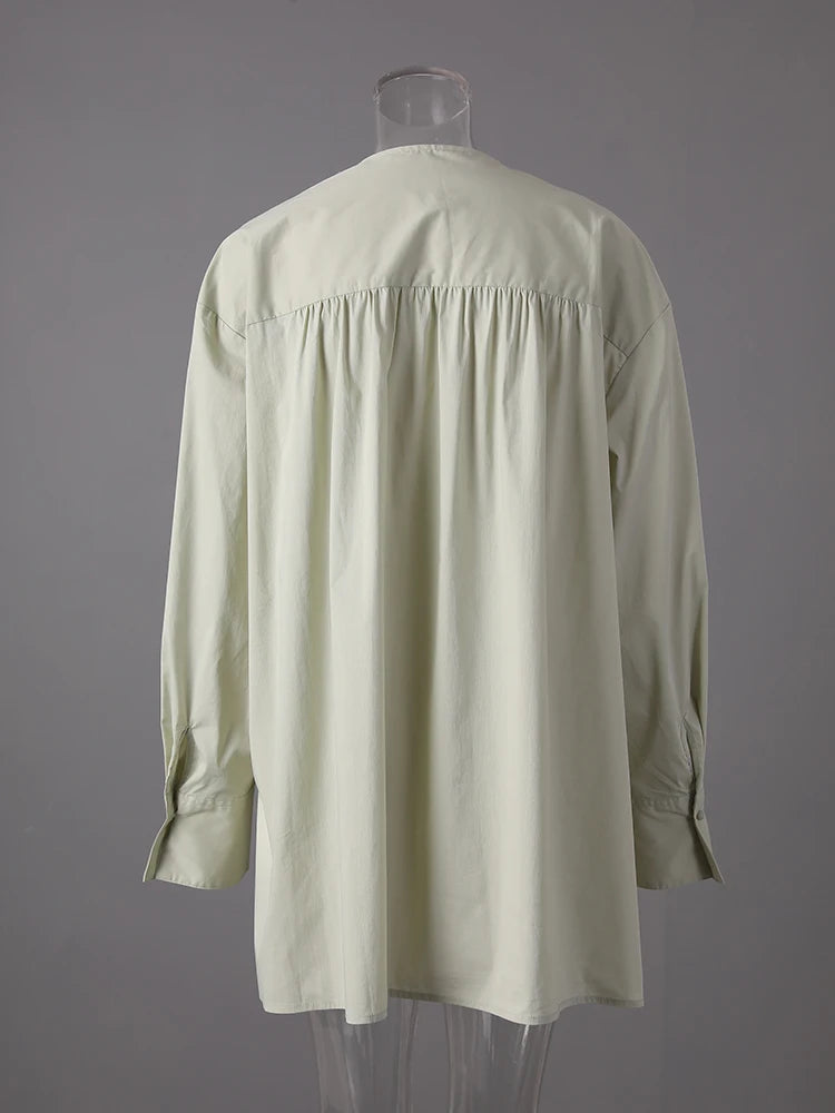 Women Light Green 3d Flower Big Size Blouse New Round Neck Long Sleeve Shirt Fashion Tide Spring Autumn 2025 CPG3308