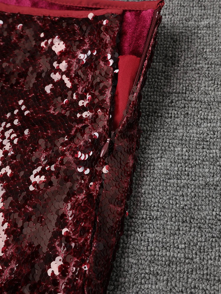 High Waist Wine Red Sequins Shining Elegant Mini Half-body Skirt Women Fashion Tide New Spring Autumn 2025 11A0892