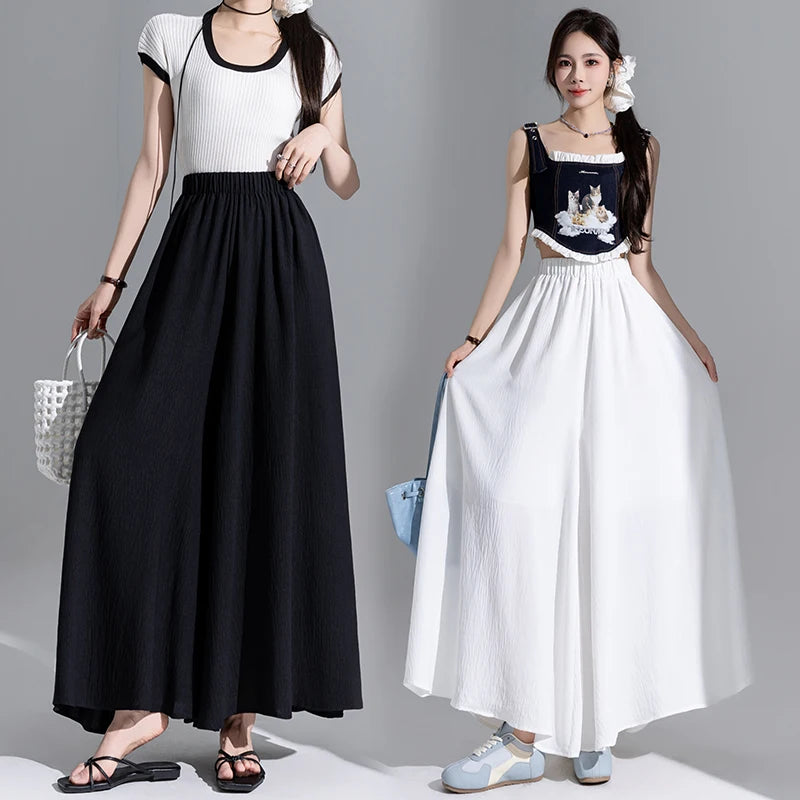New Spring Summer White Loose Elastic High Waist Wide-leg Pants Casual Fashion Black Pleated Trousers Women Streetwear clothing