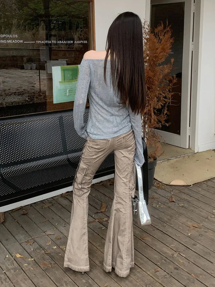 2025 Y2k Aesthetic Vintage Solid Knitted Tees Spring Streetwear 3D Flower Tshirts Women Harajuku Grunge Skew Collar Grunge Tops