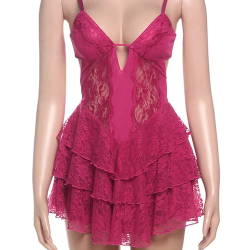 Load image into Gallery viewer, Lace Spaghetti Strap Sexy Mini Dress For Women Fashion Hollow Out Sleeveless Backless High Waist Ruffled Dress Elegant

