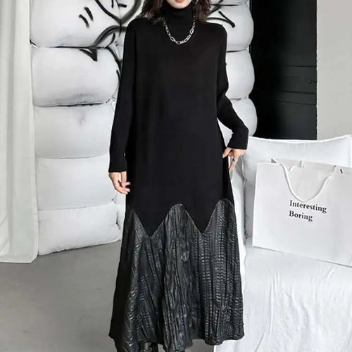 Load image into Gallery viewer, Women Black Knitting Pleated Big Size Long Dress New Turtleneck Long Sleeve Fashion Tide Spring Autumn 2025 1DH1599
